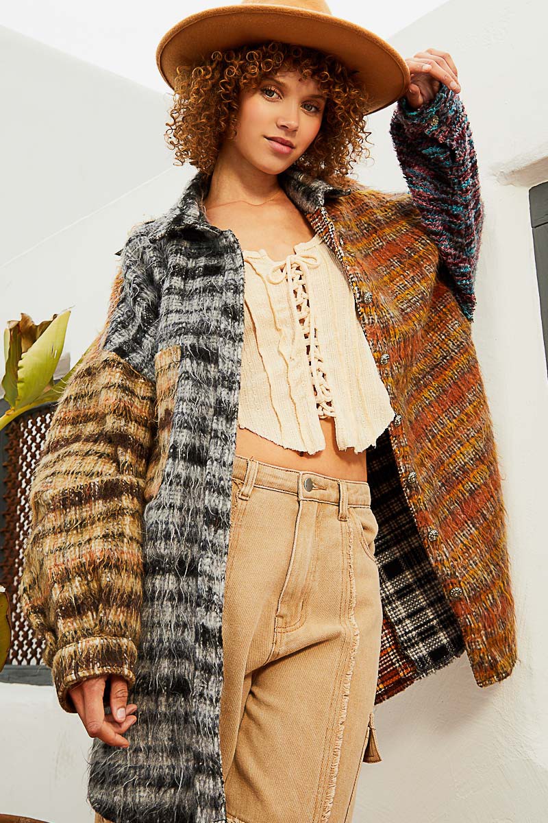 POL Multi Contrast Sweater Sleeve Brushed Plaid Collared Shacket - Roulhac Fashion Boutique