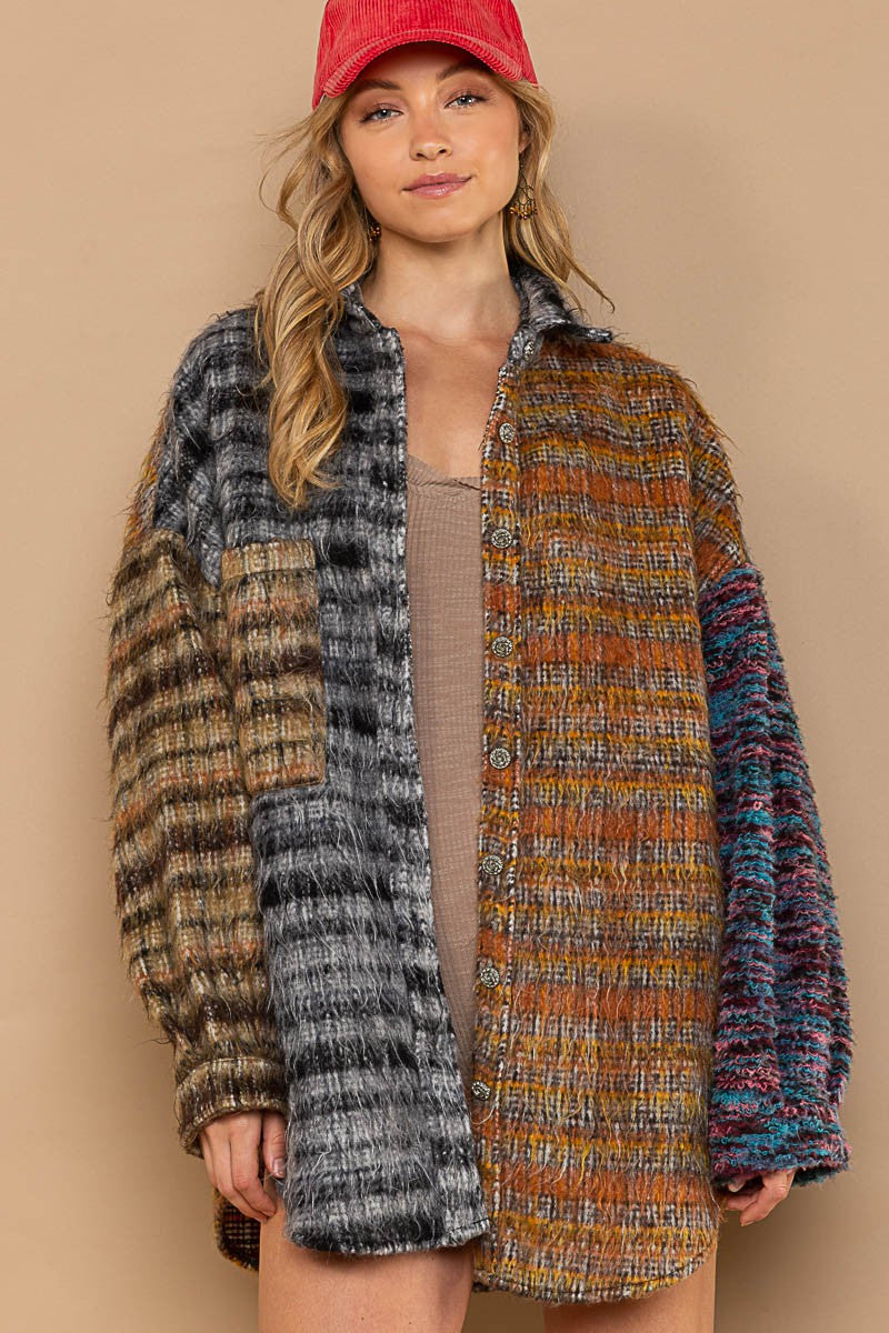 POL Multi Contrast Sweater Sleeve Brushed Plaid Collared Shacket - Roulhac Fashion Boutique