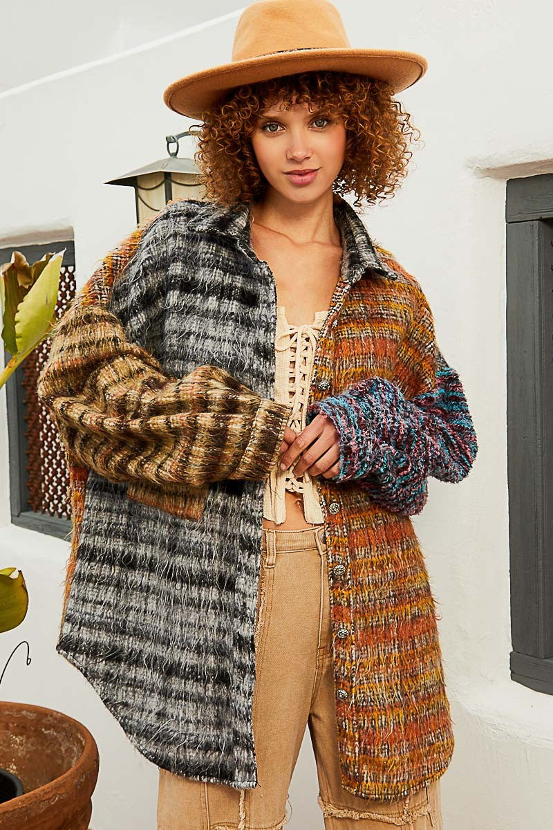 POL Multi Contrast Sweater Sleeve Brushed Plaid Collared Shacket - Roulhac Fashion Boutique