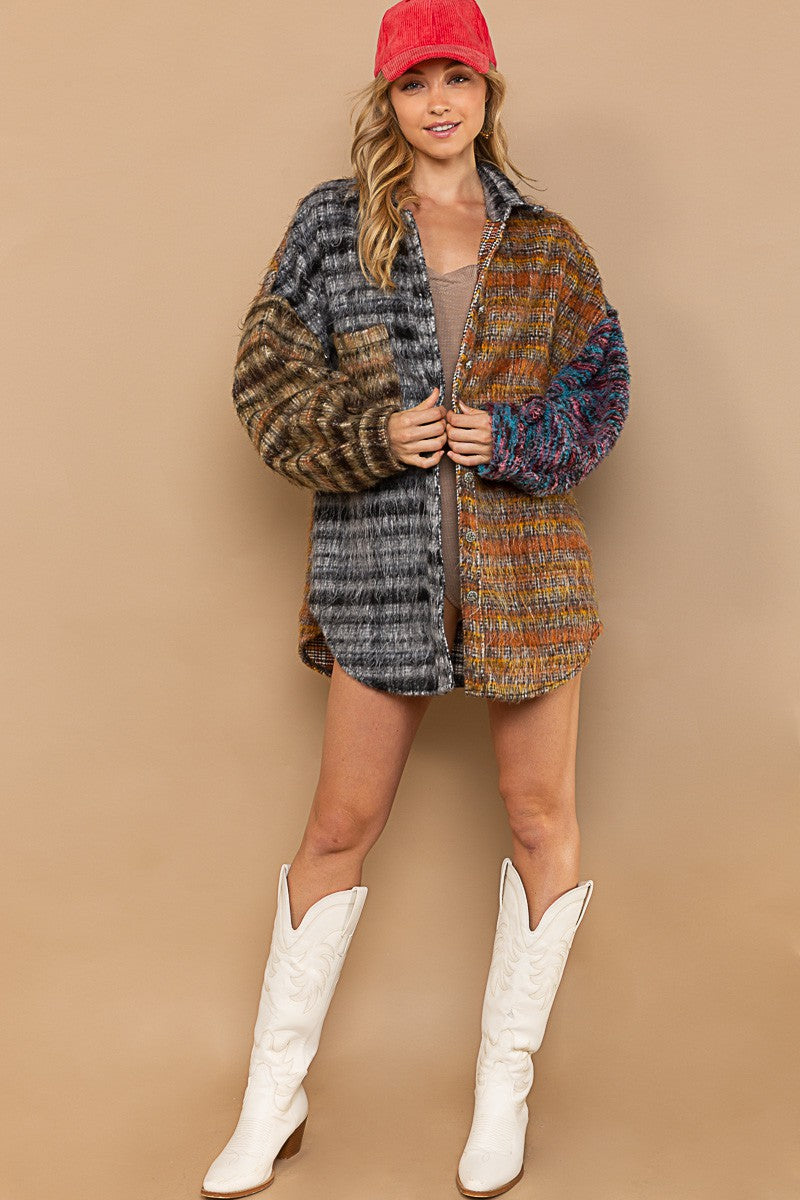 POL Multi Contrast Sweater Sleeve Brushed Plaid Collared Shacket - Roulhac Fashion Boutique