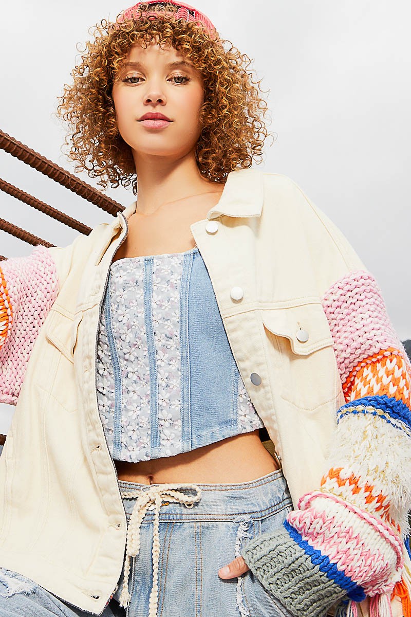 POL Contrast Fringe Sweater Sleeve Button Down Regular Fit Jacket - Roulhac Fashion Boutique