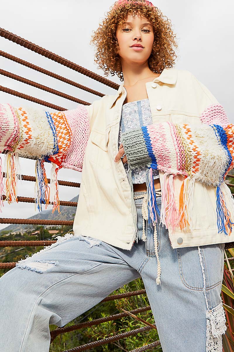 POL Contrast Fringe Sweater Sleeve Button Down Regular Fit Jacket - Roulhac Fashion Boutique