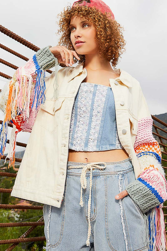 POL Contrast Fringe Sweater Sleeve Button Down Regular Fit Jacket - Roulhac Fashion Boutique