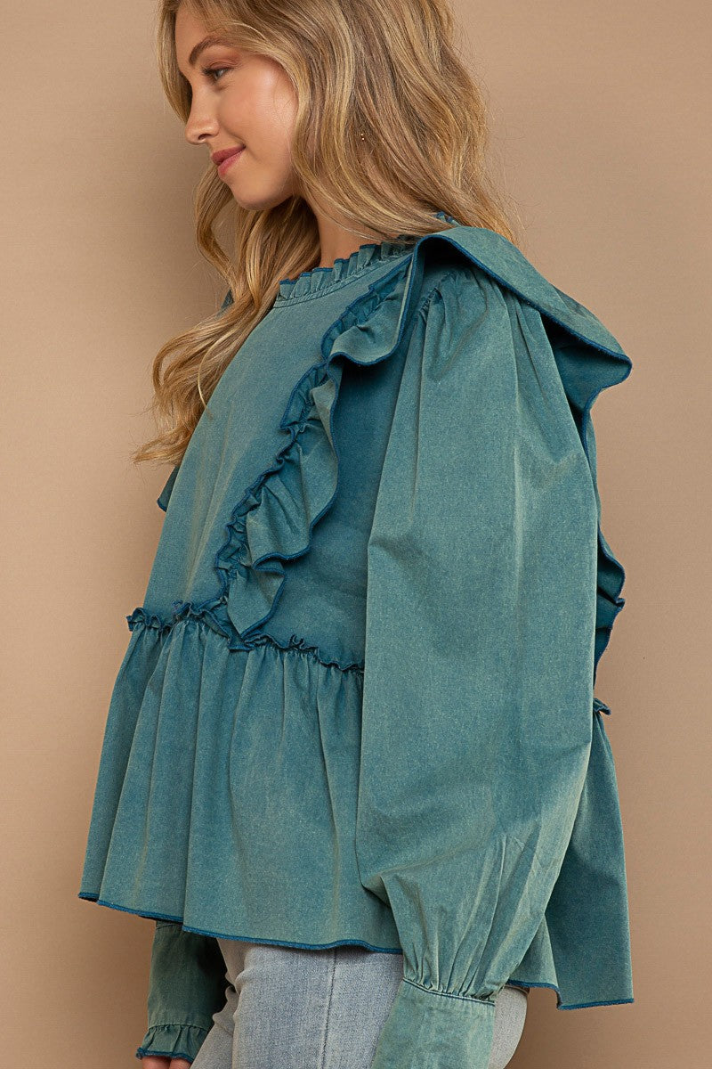 POL Round Neck Ruffle Trim Oversized Fit Balloon Sleeve Poplin Shirt