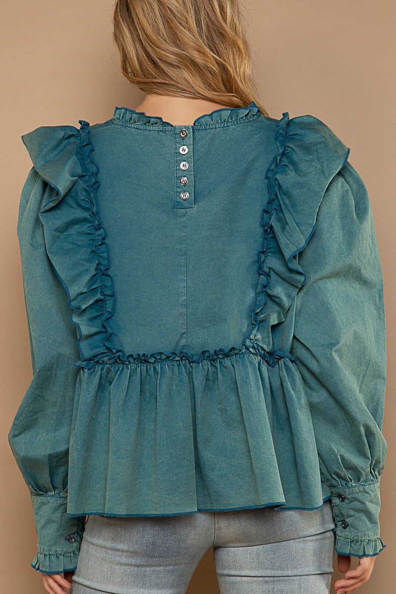 POL Round Neck Ruffle Trim Oversized Fit Balloon Sleeve Poplin Shirt