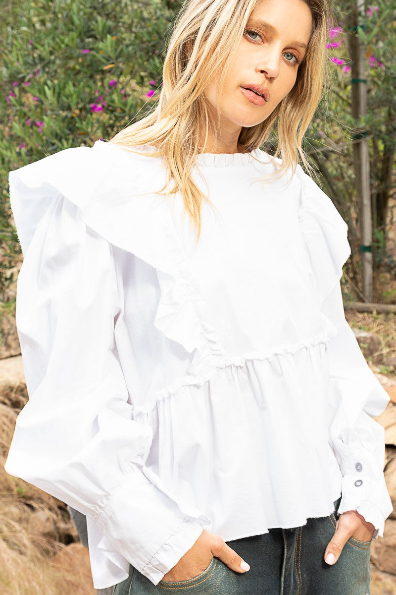 POL Round Neck Ruffle Trim Oversized Fit Balloon Sleeve Poplin Shirt - Roulhac Fashion Boutique