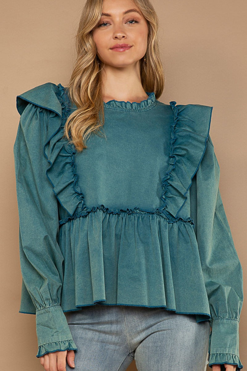 POL Round Neck Ruffle Trim Oversized Fit Balloon Sleeve Poplin Shirt
