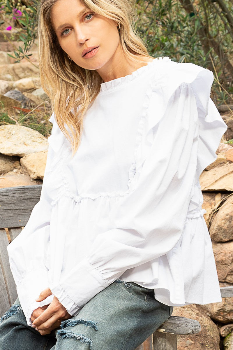 POL Round Neck Ruffle Trim Oversized Fit Balloon Sleeve Poplin Shirt - Roulhac Fashion Boutique