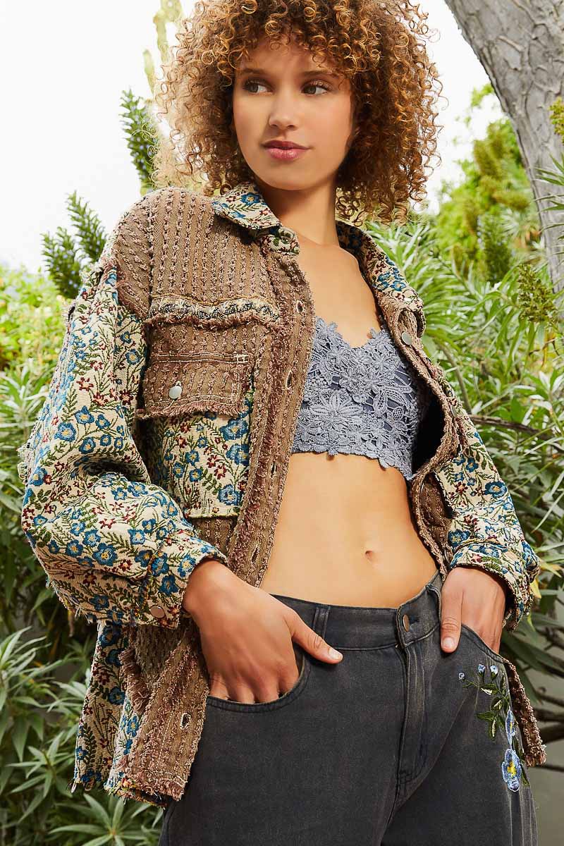 POL Oversize Jacquard Pockets Button Down Frayed Edge Oversized Fit Jacket