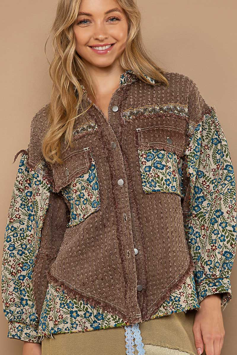 POL Oversize Jacquard Pockets Button Down Frayed Edge Oversized Fit Jacket