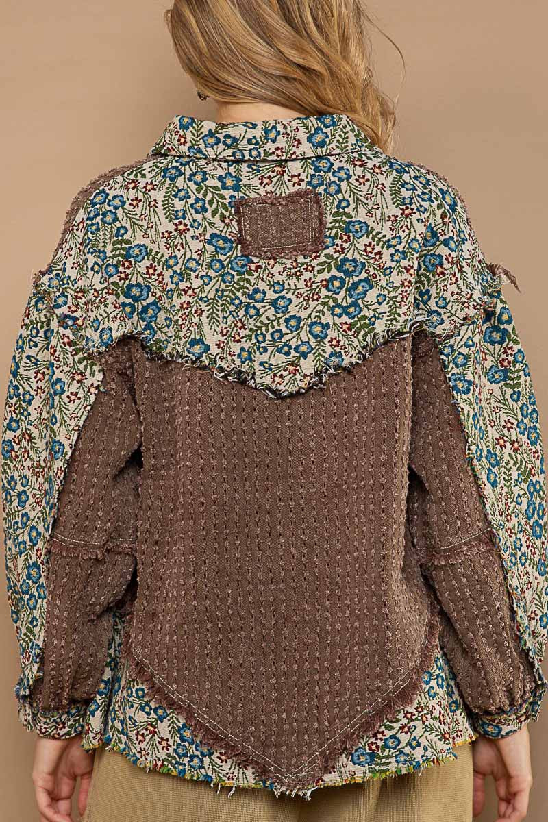 POL Oversize Jacquard Pockets Button Down Frayed Edge Oversized Fit Jacket