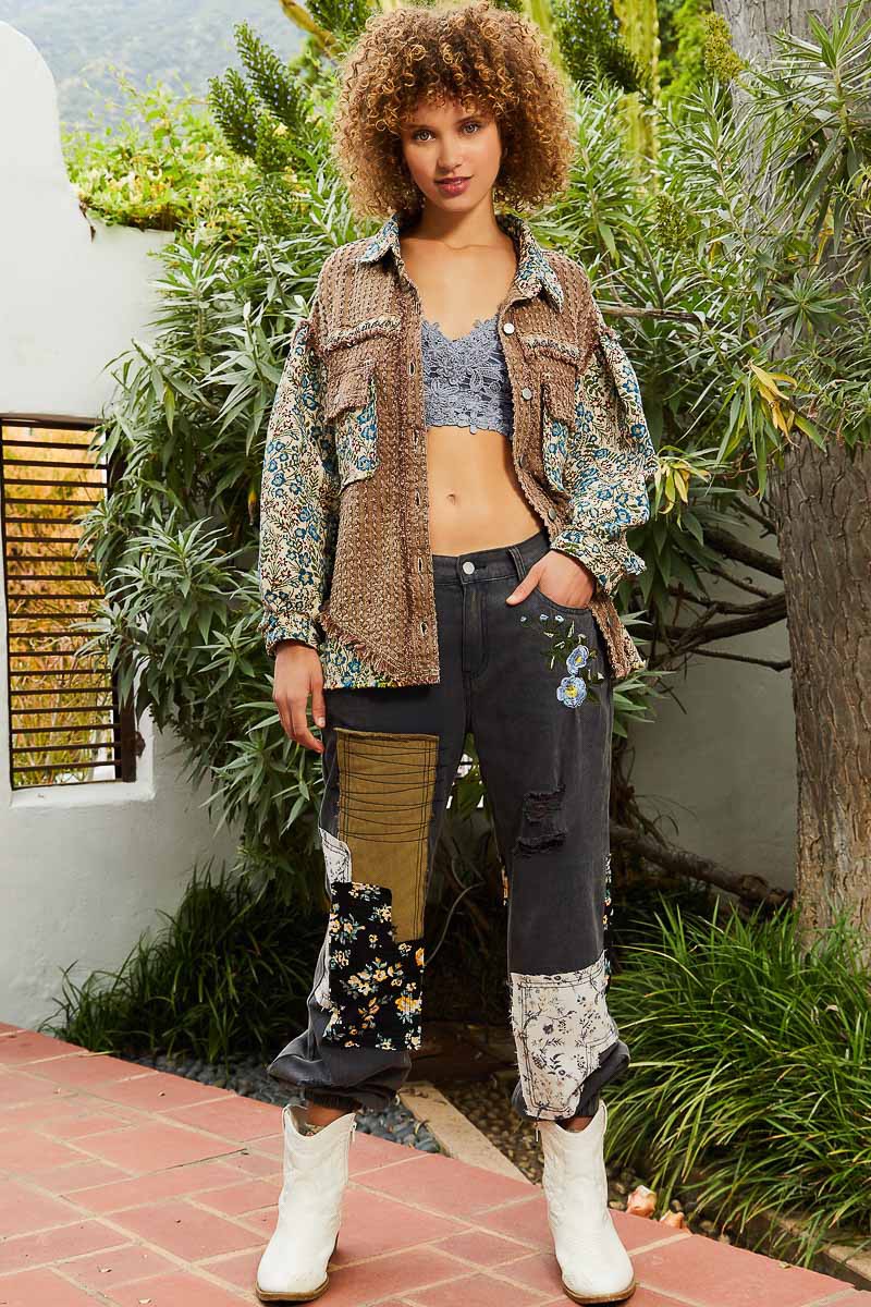POL Oversize Jacquard Pockets Button Down Frayed Edge Oversized Fit Jacket