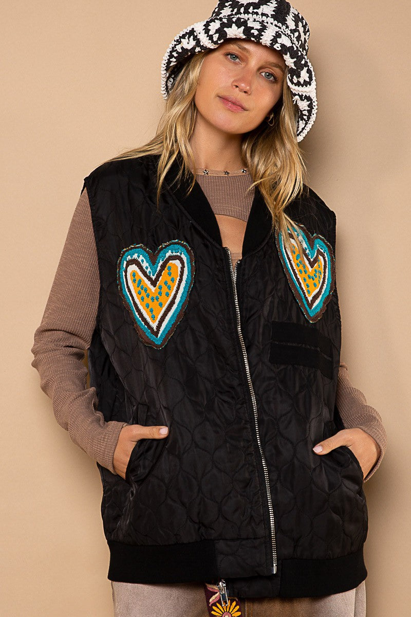 POL Ribbed Neck V-Neck Band Heart Patch Zipper Poly-Vest Quilted Jacket - Roulhac Fashion Boutique