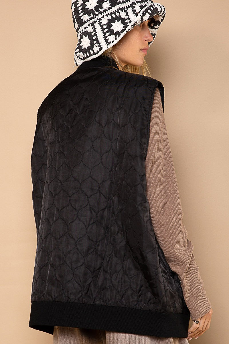 POL Ribbed Neck V-Neck Band Heart Patch Zipper Poly-Vest Quilted Jacket - Roulhac Fashion Boutique