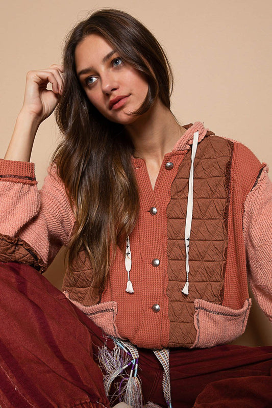 POL Cut Sew Multi Fabric Hooded Button Down Oversized Fit Shacket - Roulhac Fashion Boutique