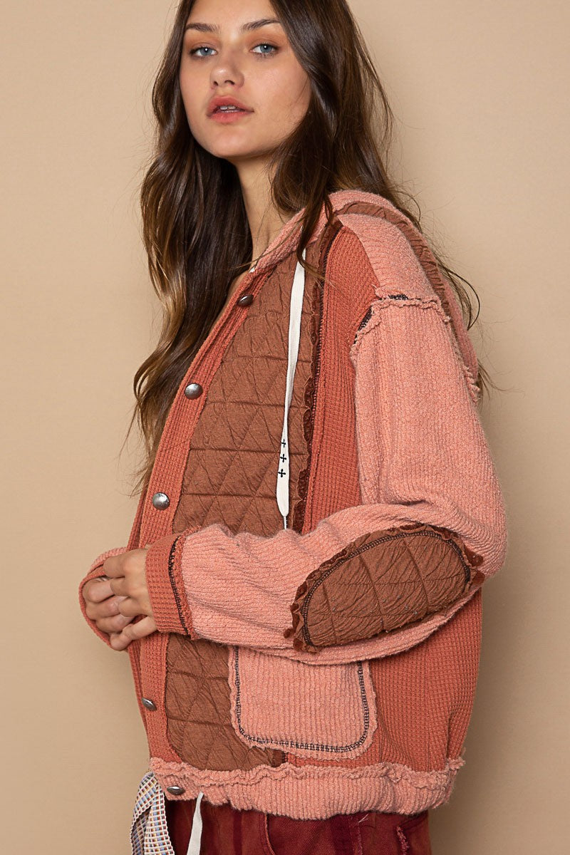 POL Cut Sew Multi Fabric Hooded Button Down Oversized Fit Shacket - Roulhac Fashion Boutique