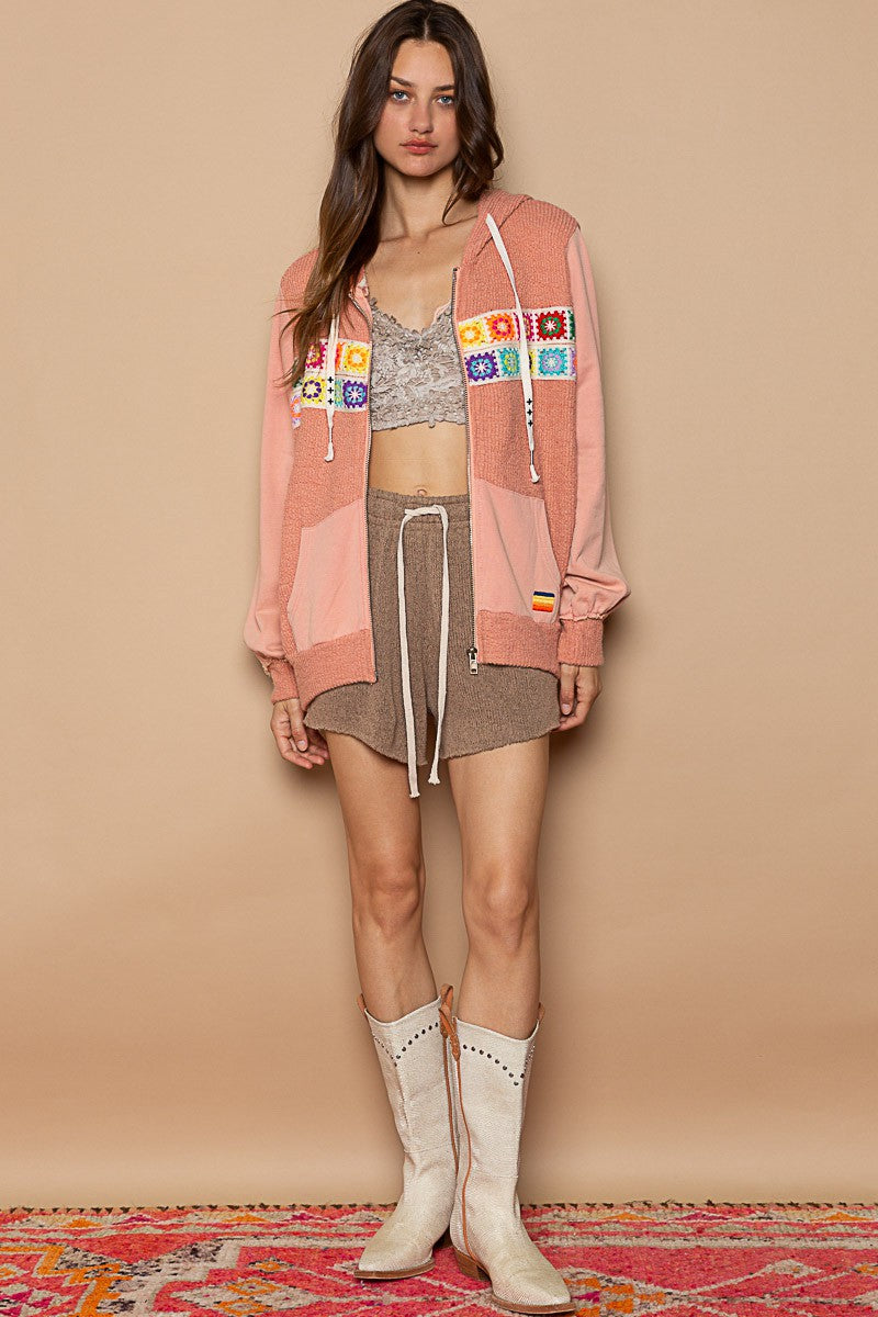 POL Contrast Square Patch Pattern Hooded Zipper Oversized Fit Jacket