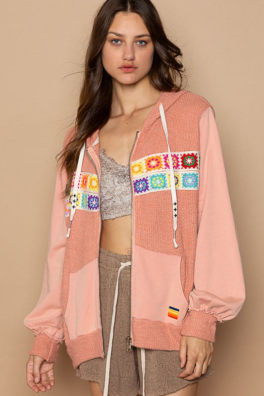 POL Contrast Square Patch Pattern Hooded Zipper Oversized Fit Jacket - Roulhac Fashion Boutique