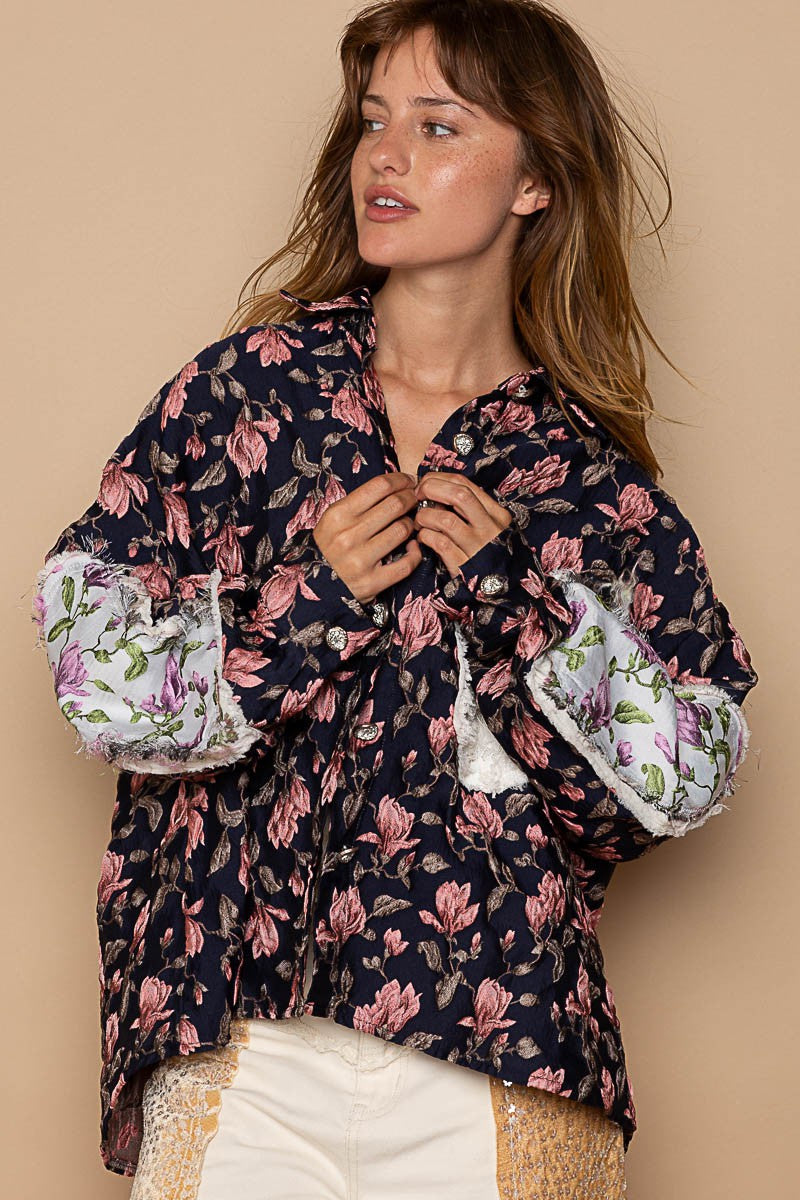 POL Floral Panels Pattern Collared Button Down Jacquard Relaxed Fit Shacket