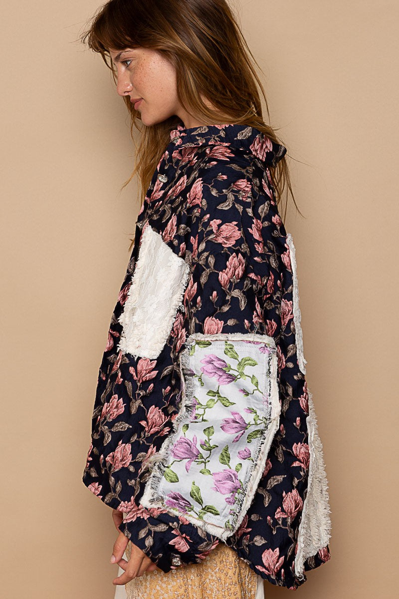 POL Floral Panels Pattern Collared Button Down Jacquard Relaxed Fit Shacket