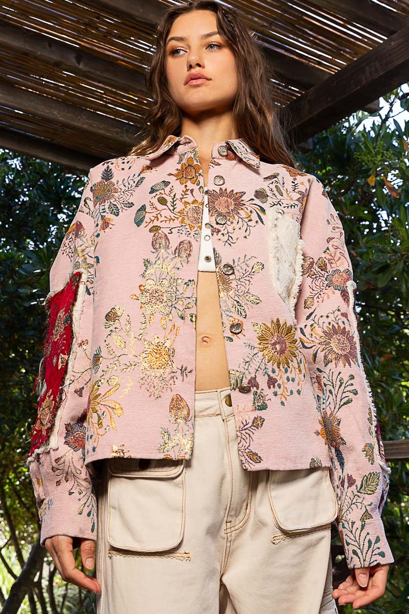 POL Floral Panels Pattern Collared Button Down Jacquard Relaxed Fit Shacket