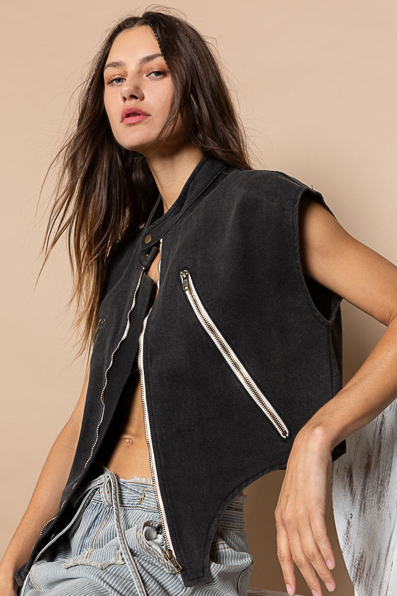 POL High Neck Zipper Front Zipper Detail Denim Vest Jacket - Roulhac Fashion Boutique