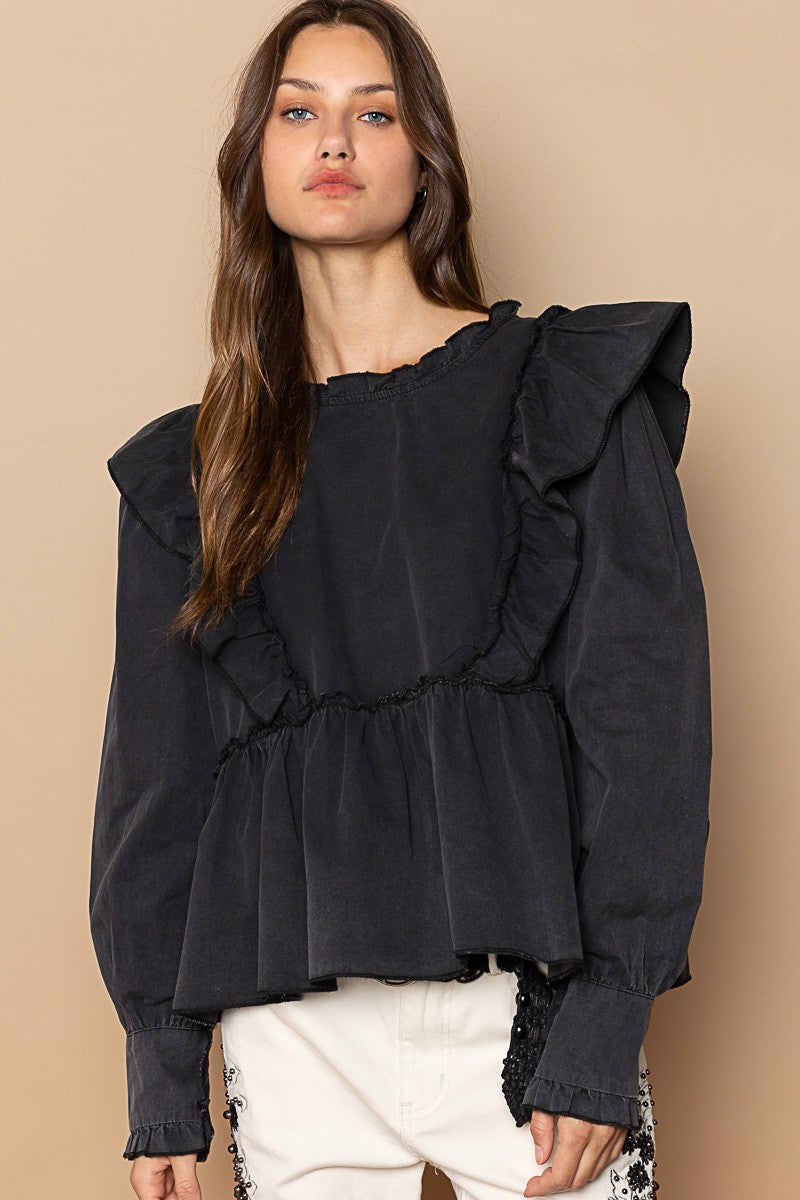 POL Round Neck Ruffle Trim Oversized Fit Balloon Sleeve Poplin Shirt