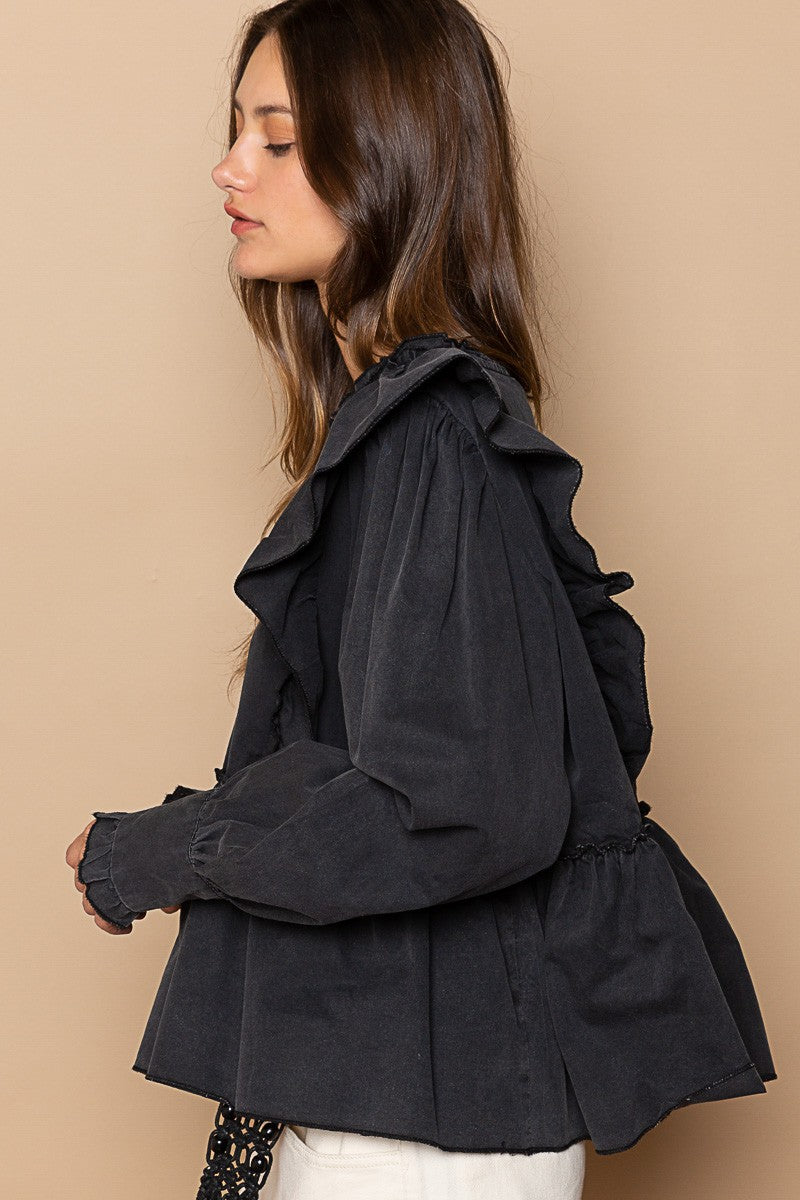 POL Round Neck Ruffle Trim Oversized Fit Balloon Sleeve Poplin Shirt