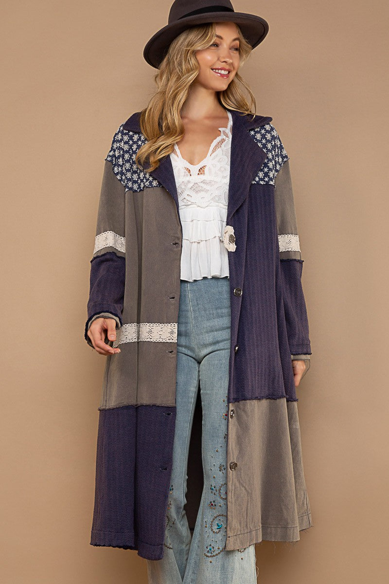 POL Color Block Garment Button Down Tunic Jacket