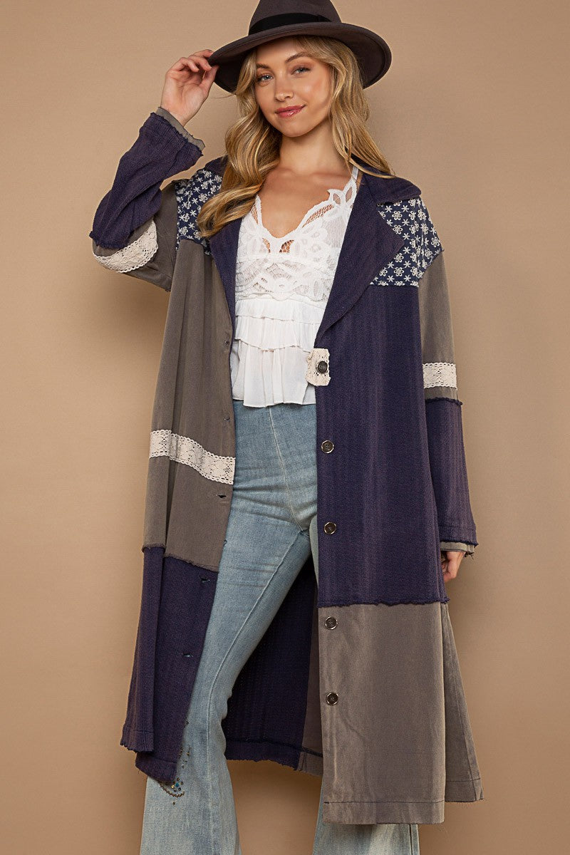 POL Color Block Garment Button Down Tunic Jacket