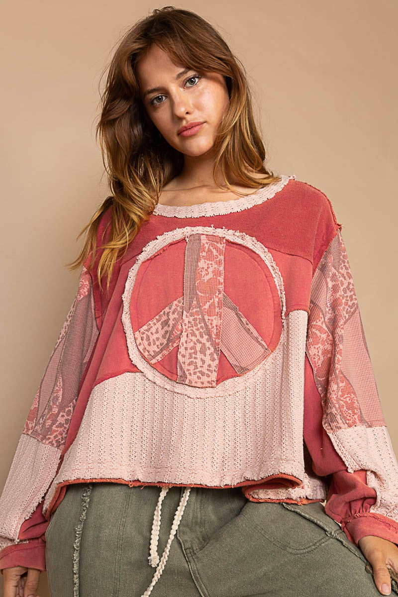 POL Long Sleeve Cut Sew Peace Emblem Knit Top