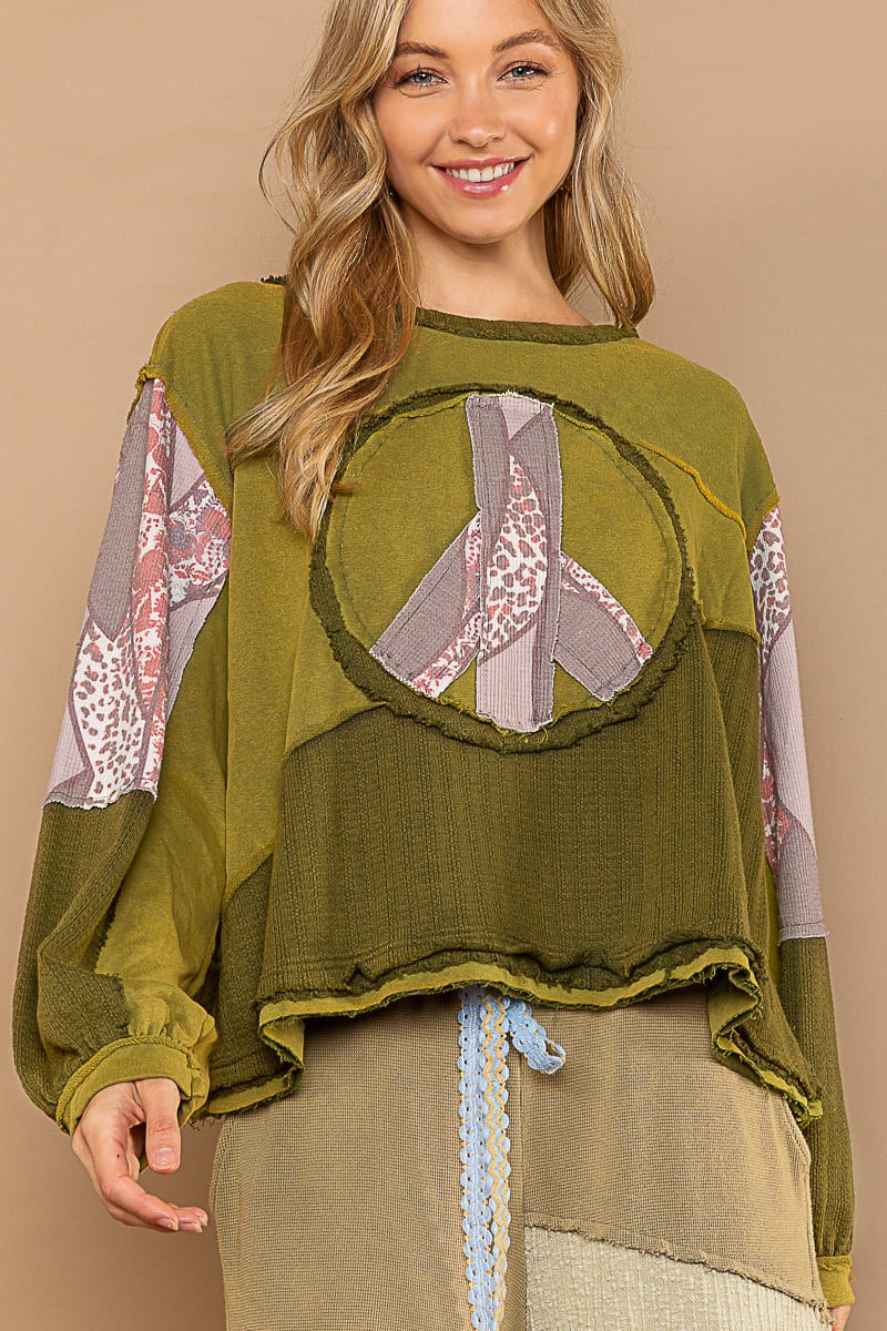 POL Long Sleeve Cut Sew Peace Emblem Knit Top