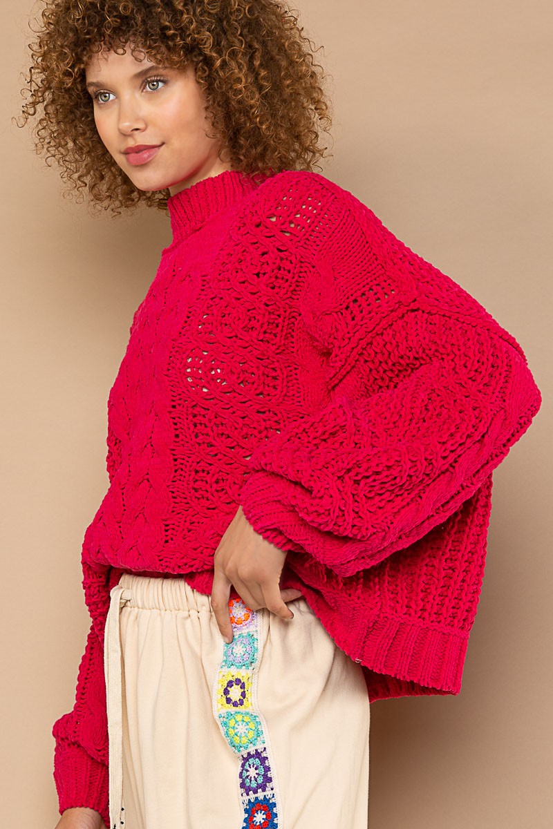 POL Mock Neck Balloon Sleeve Cable Knit Sweater Top