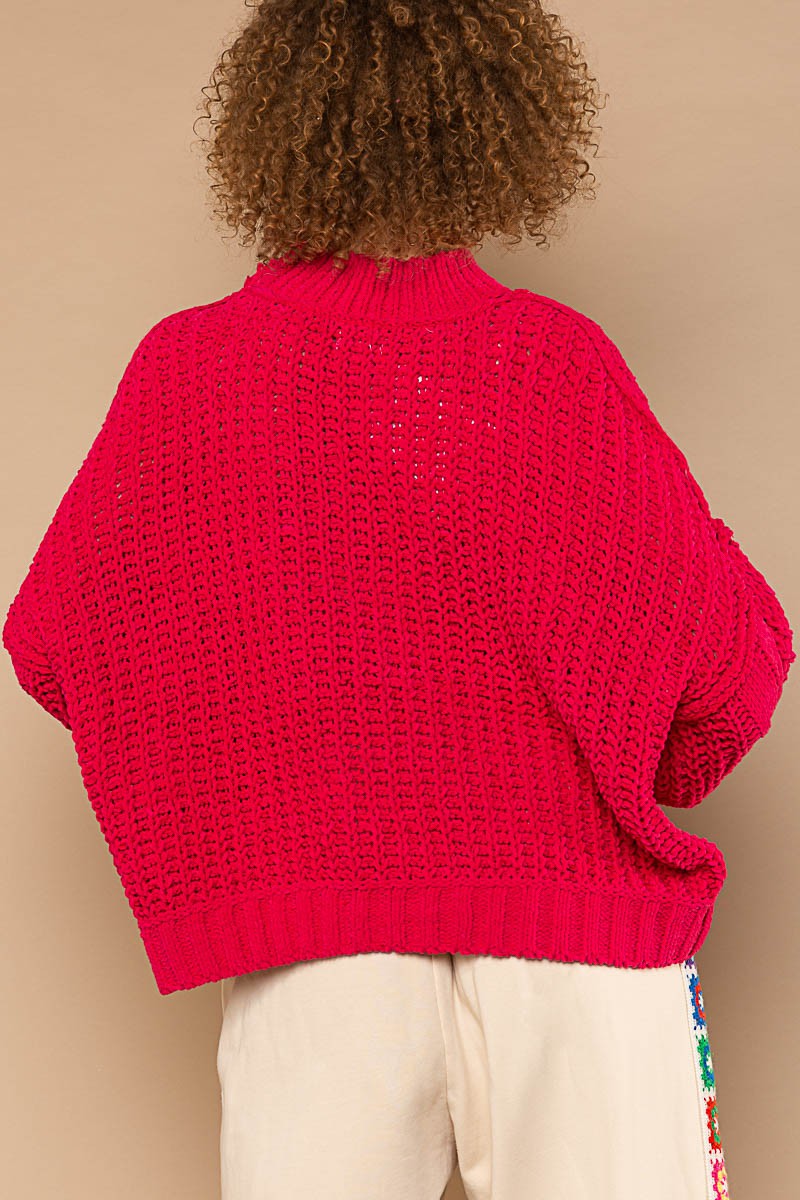 POL Mock Neck Balloon Sleeve Cable Knit Sweater Top