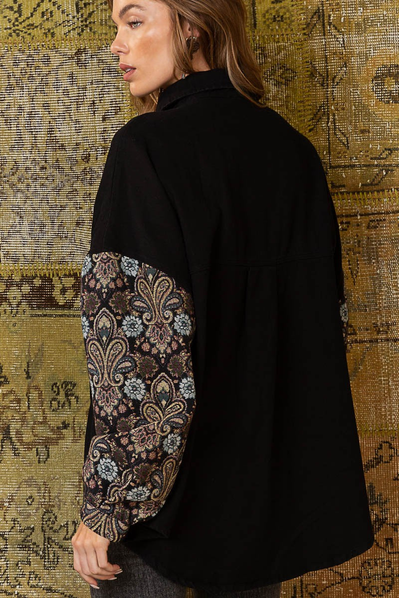 POL Contrast Jacquard Sleeve Button Down Relaxed Fit Shacket Jacket