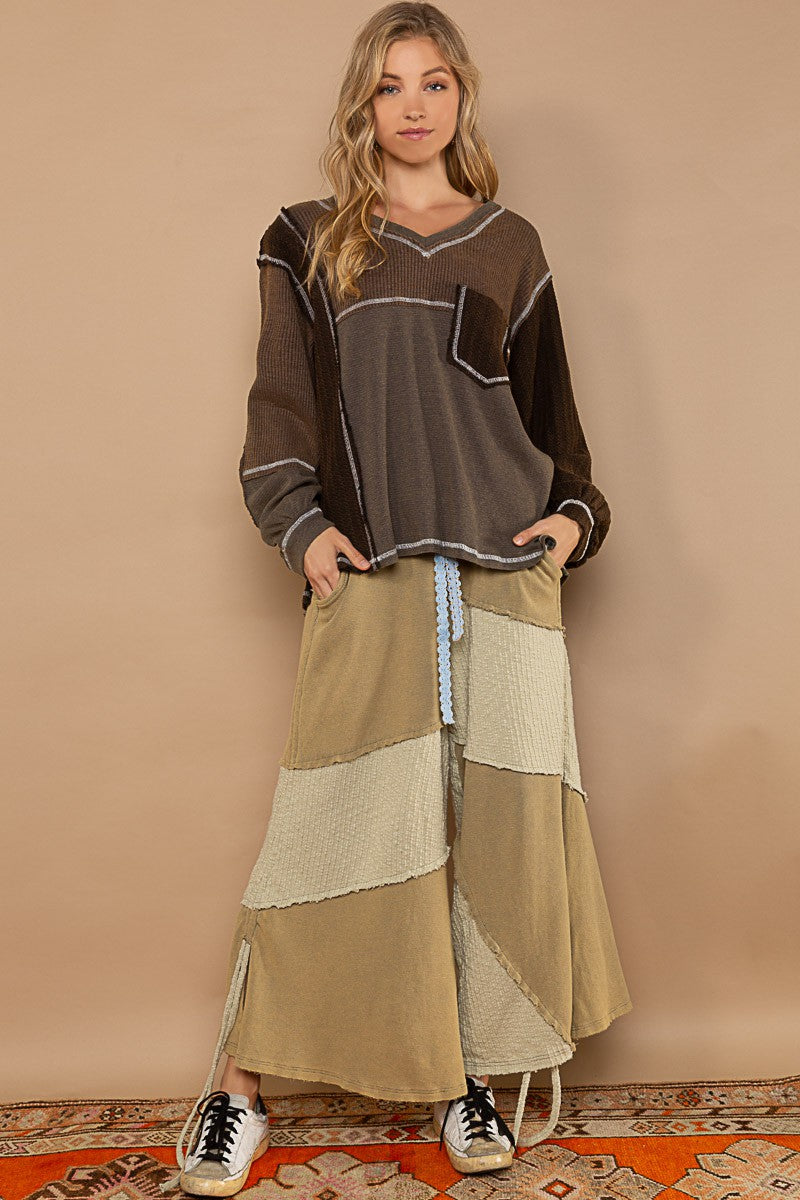 POL V Neck Contrast Knit Panels Color Block Top