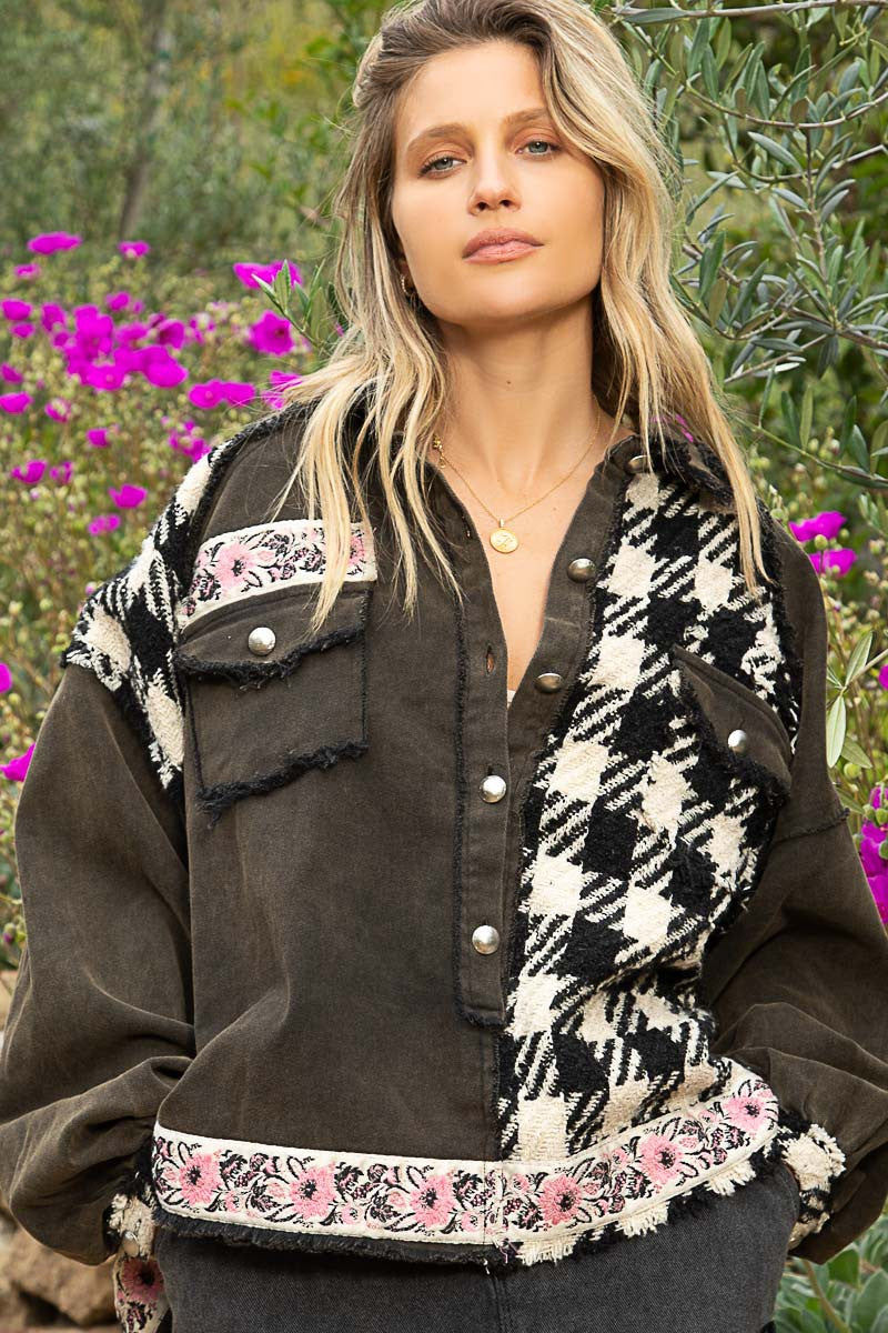 POL Oversize Contrast Plaid Panels Button Down Half Neck Placket Shacket - Roulhac Fashion Boutique