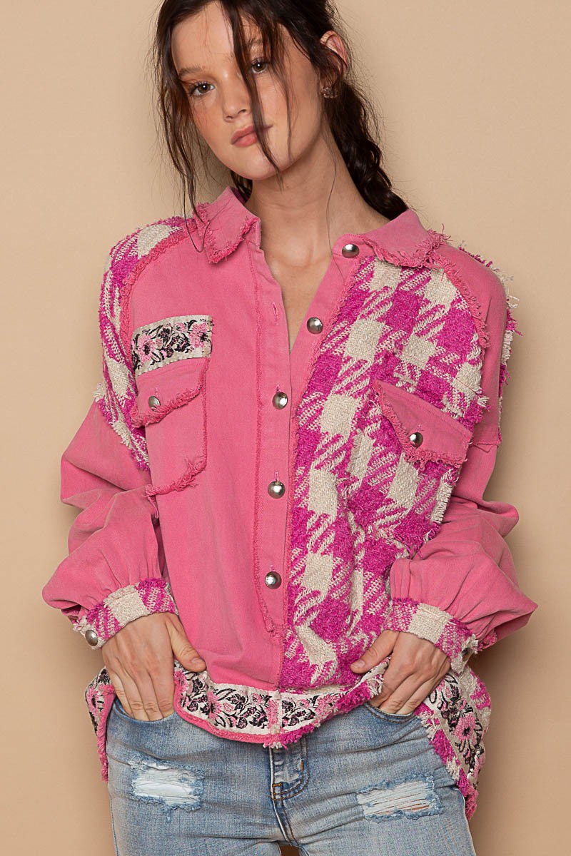 POL Oversize Contrast Plaid Panels Button Down Half Neck Placket Shacket - Roulhac Fashion Boutique