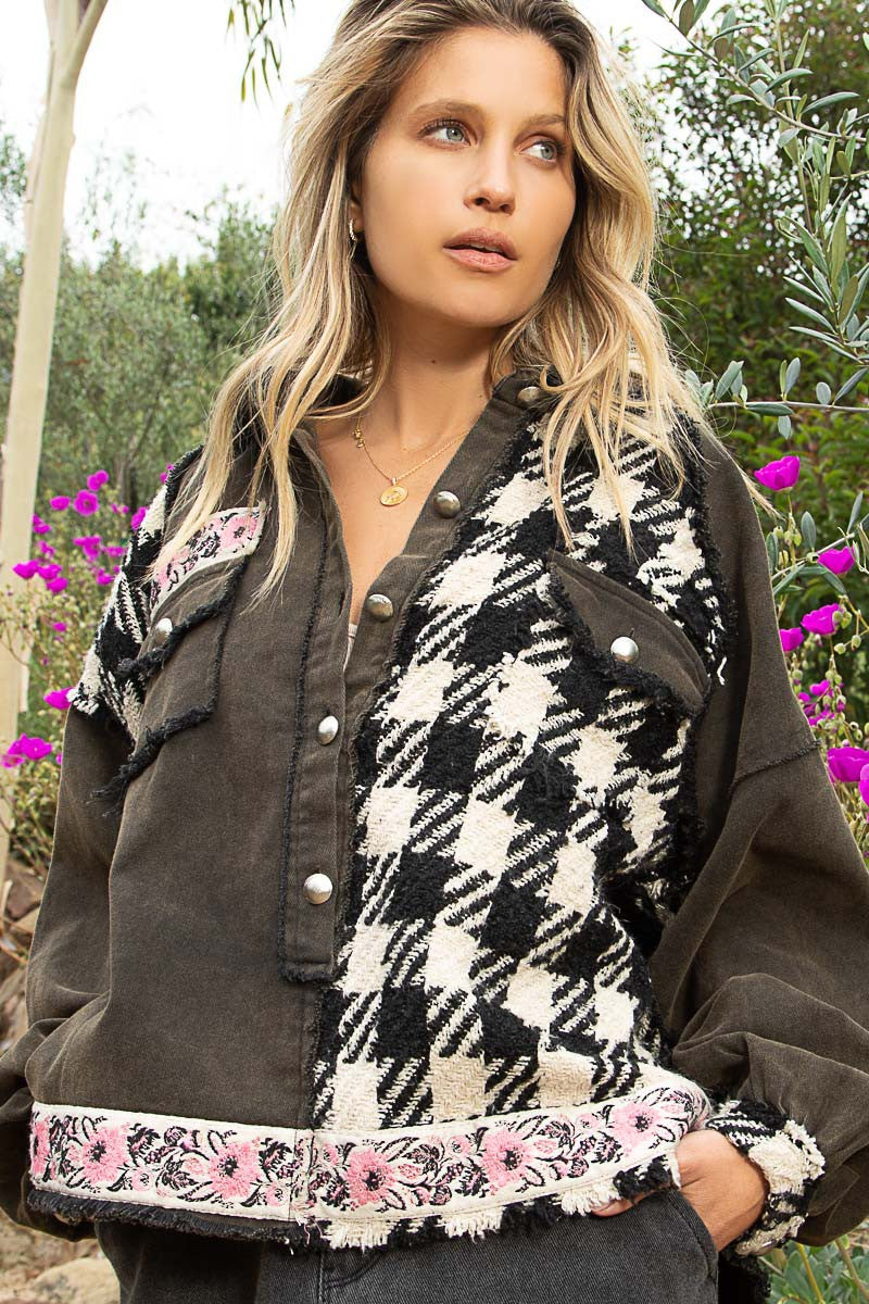 POL Oversize Contrast Plaid Panels Button Down Half Neck Placket Shacket - Roulhac Fashion Boutique