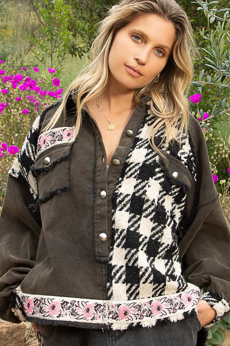 POL Oversize Contrast Plaid Panels Button Down Half Neck Placket Shacket - Roulhac Fashion Boutique