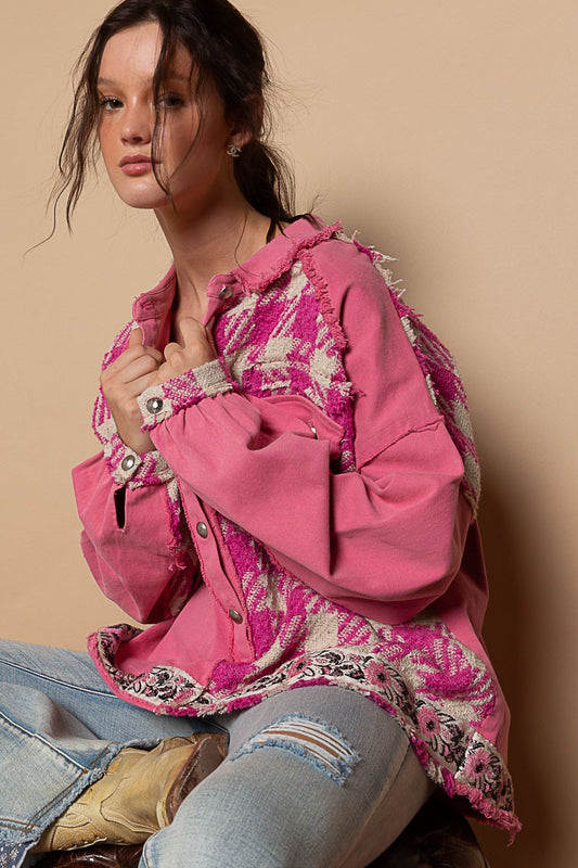 POL Oversize Contrast Plaid Panels Button Down Half Neck Placket Shacket - Roulhac Fashion Boutique