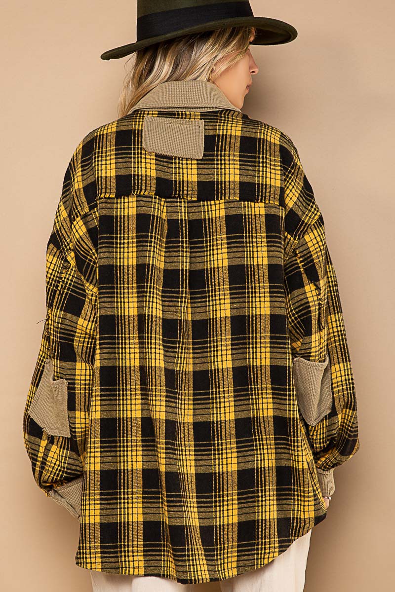 POL Contrast Thermal Collared Button Down Plaid Long Sleeves Shacket