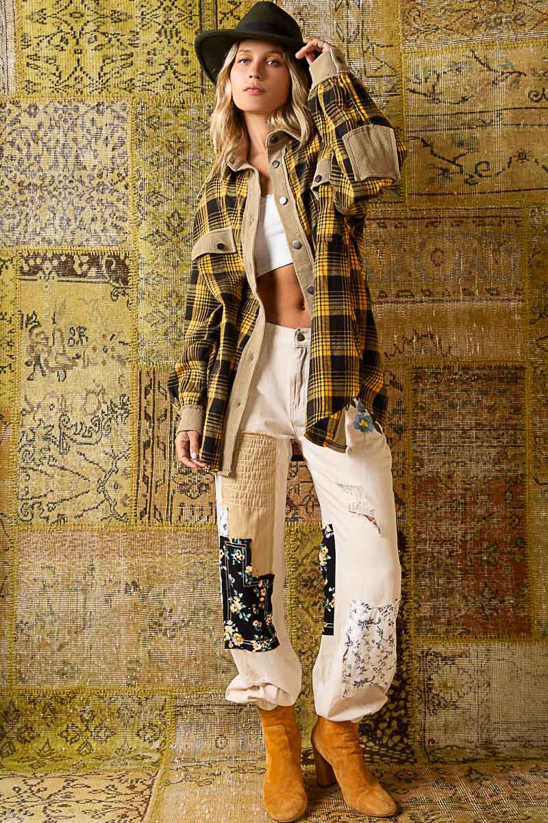 POL Contrast Thermal Collared Button Down Plaid Long Sleeves Shacket