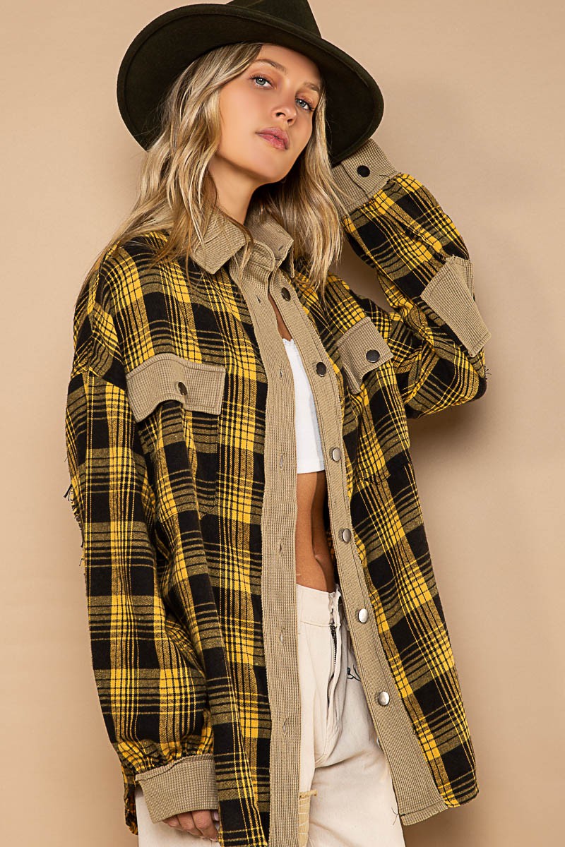 POL Contrast Thermal Collared Button Down Plaid Long Sleeves Shacket