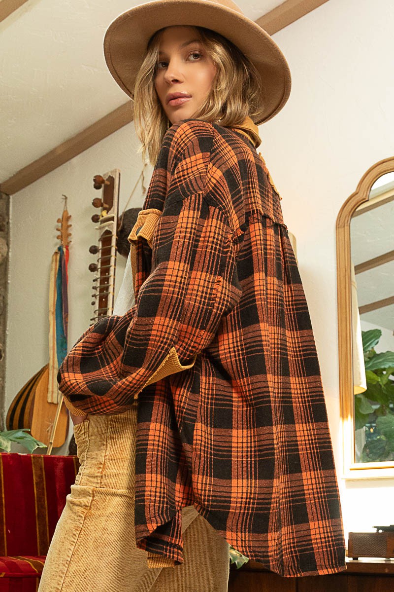 POL Contrast Thermal Collared Button Down Plaid Long Sleeves Shacket - Roulhac Fashion Boutique