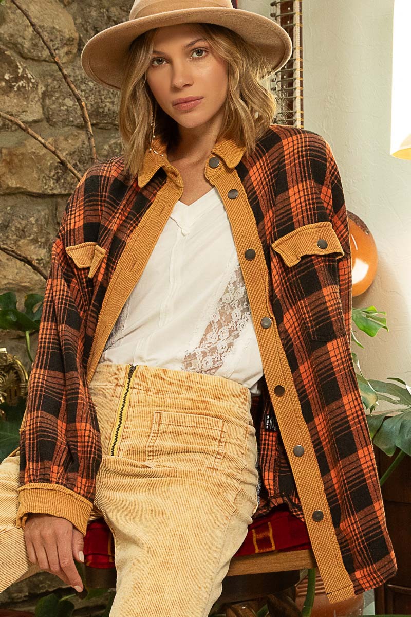 POL Contrast Thermal Collared Button Down Plaid Long Sleeves Shacket - Roulhac Fashion Boutique