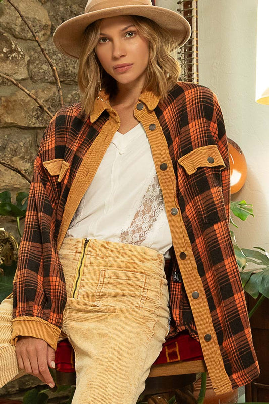 POL Contrast Thermal Collared Button Down Plaid Long Sleeves Shacket - Roulhac Fashion Boutique