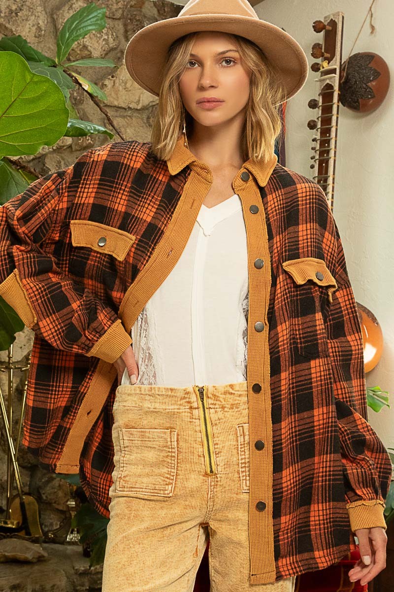 POL Contrast Thermal Collared Button Down Plaid Long Sleeves Shacket - Roulhac Fashion Boutique