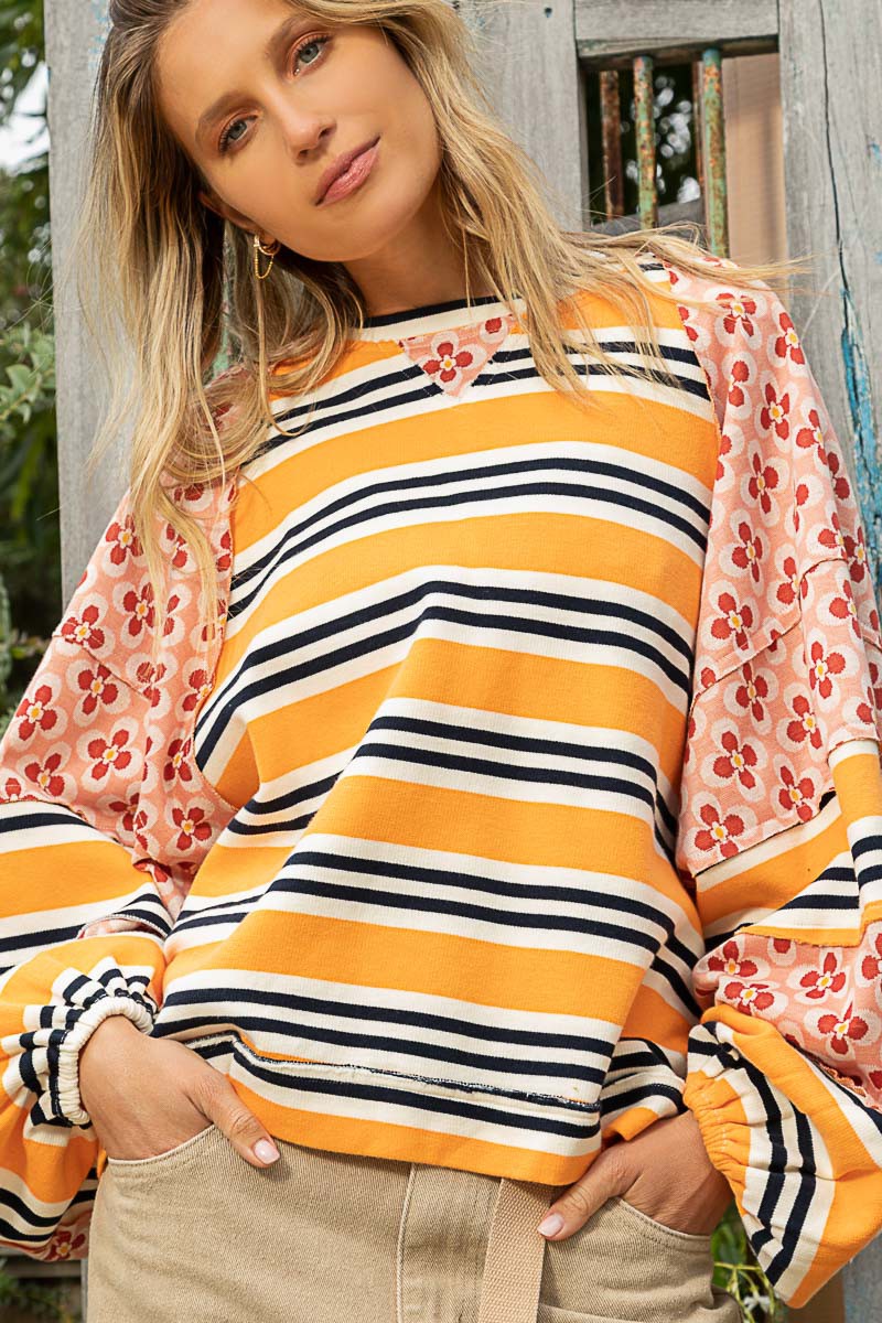 POL Boat Neck Contrast Stripe Pattern Floral Print Top - Roulhac Fashion Boutique