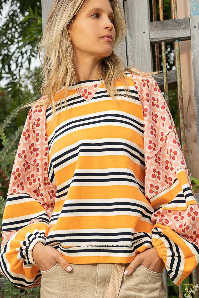 POL Boat Neck Contrast Stripe Pattern Floral Print Top - Roulhac Fashion Boutique